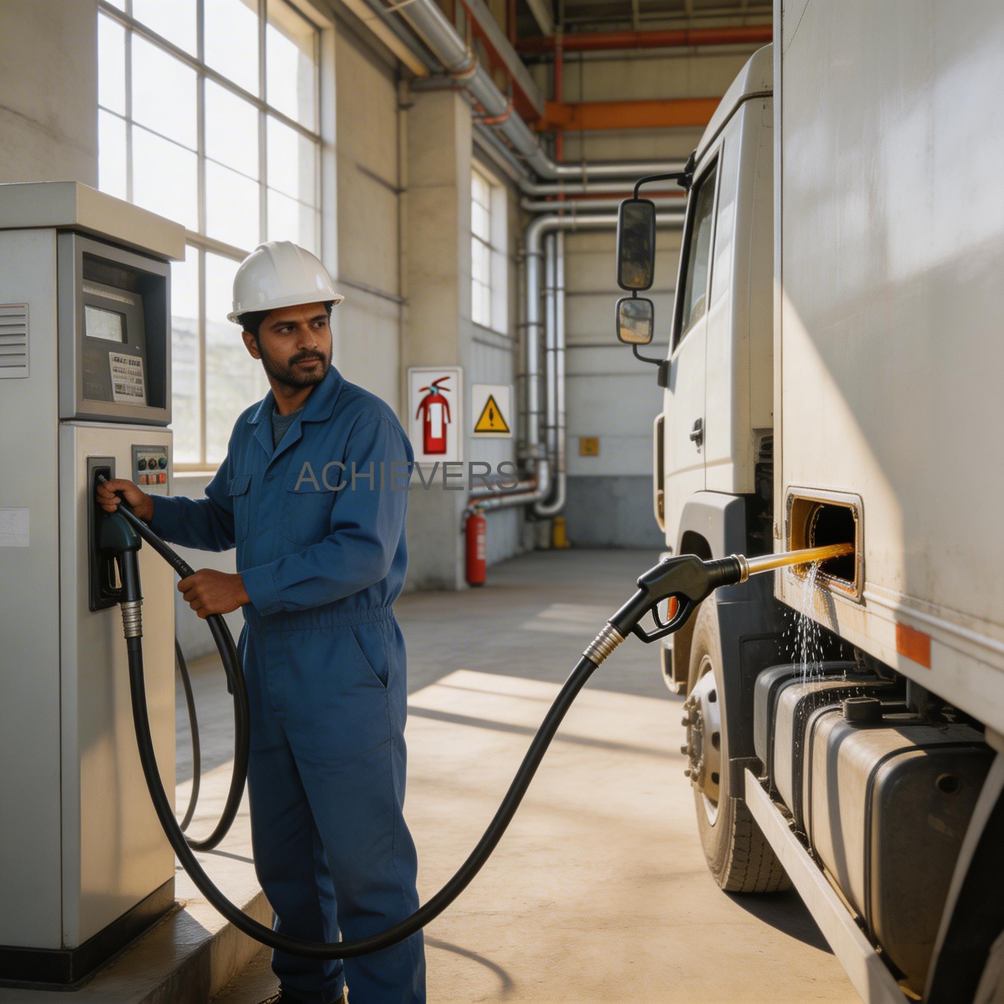 A heavy duty diesel dispenser operating safely at an Indian mining site, with clean hoses, well-maintained nozzles, and clear digital readouts