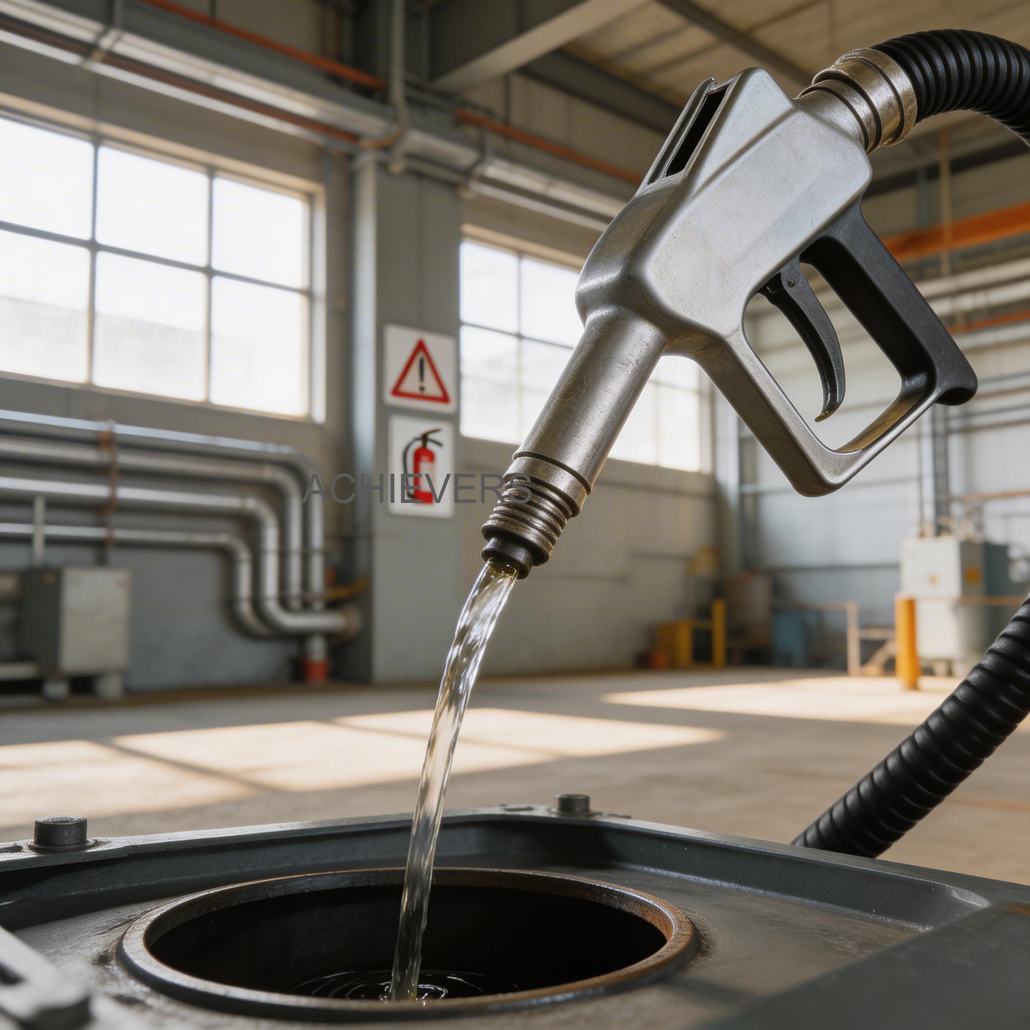 Fleet operator safely using an automatic industrial fuel nozzle for diesel dispensing at a dusty construction site in Gujarat