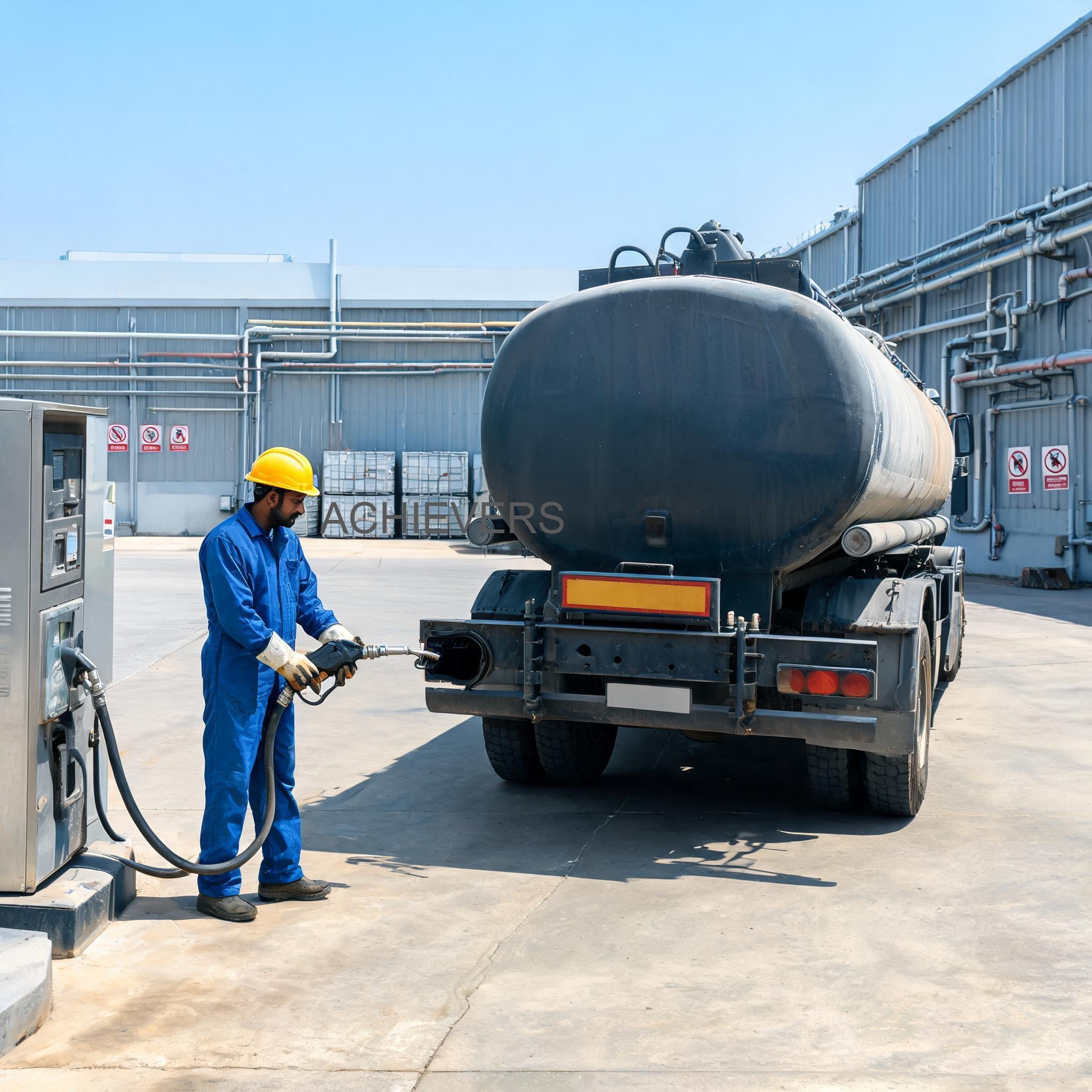 An operator using the automatic shutoff nozzle of the dispensing system to fill a stationary diesel generator day tank at a Gujarat industrial estate