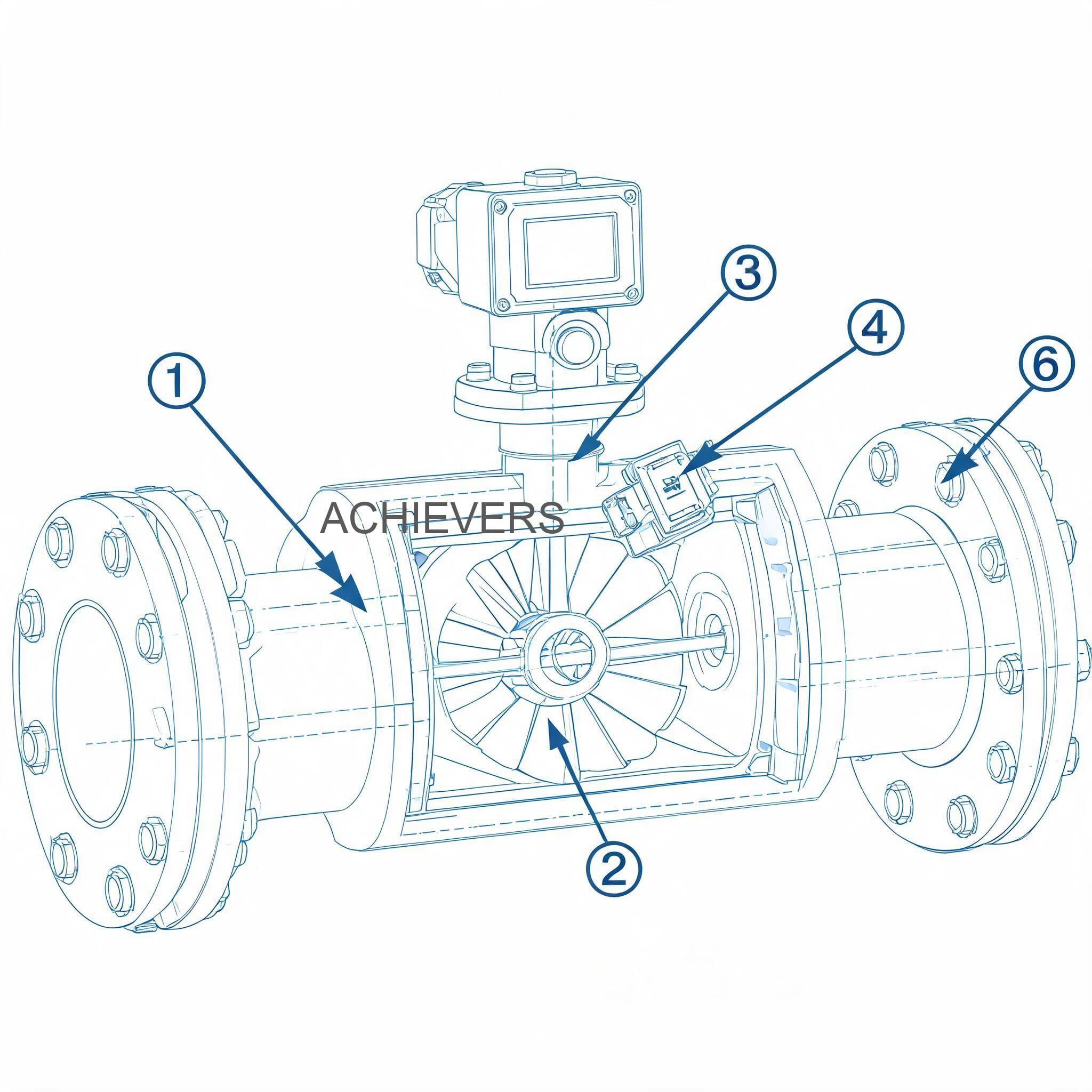 Schematic or cross-section of Diesel Flow Meter showing internal flow path, oval gear positions, and inlet/outlet connections