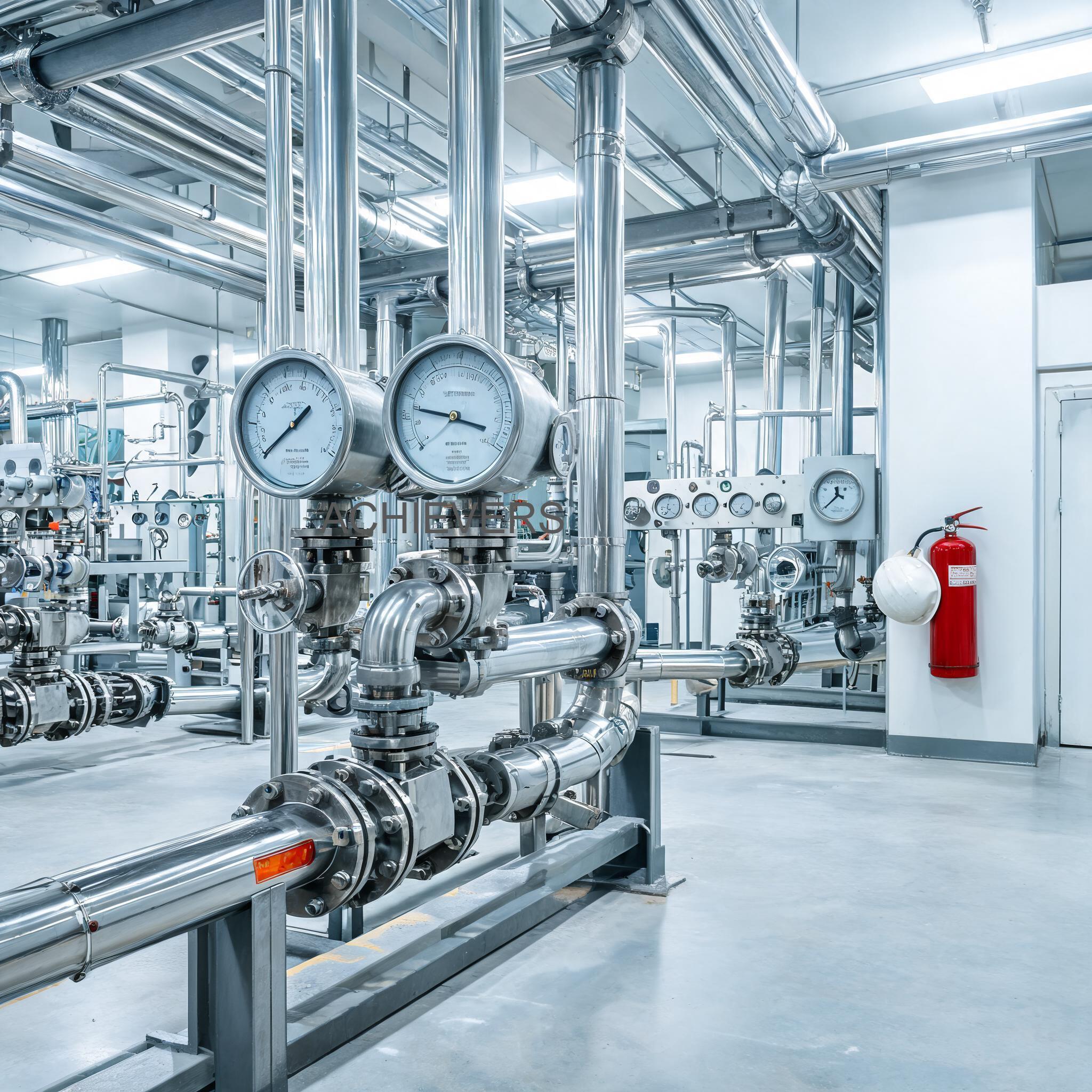 Industrial Oil Flow Meter fully installed on a busy manufacturing plant lubrication line, showing upstream filtration, proper flanged connections, and digital data logging setup
