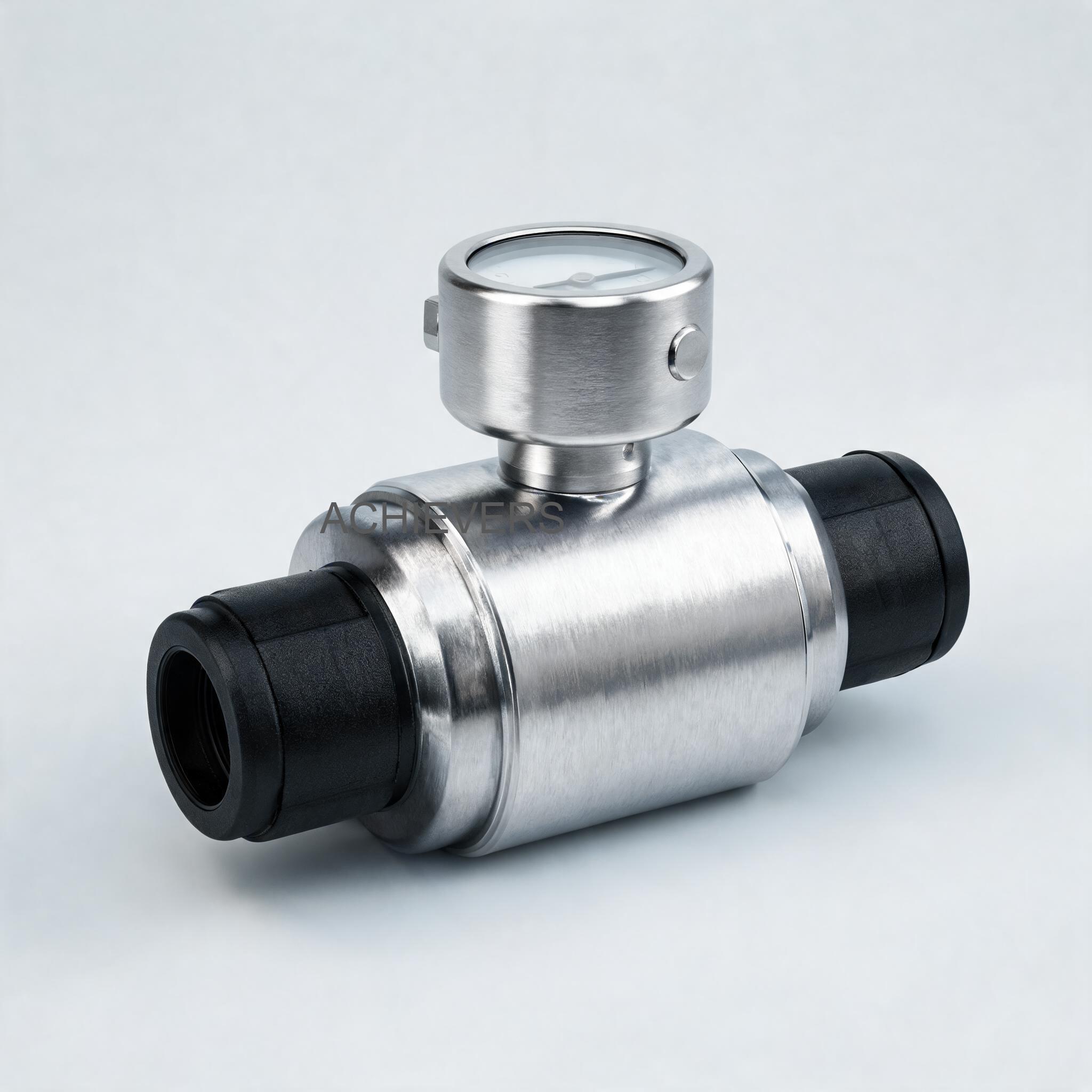 Close-up overview of positive displacement Oil Flow Meters showing the digital display, heavy-duty flanged housing, and precision oval gear internals