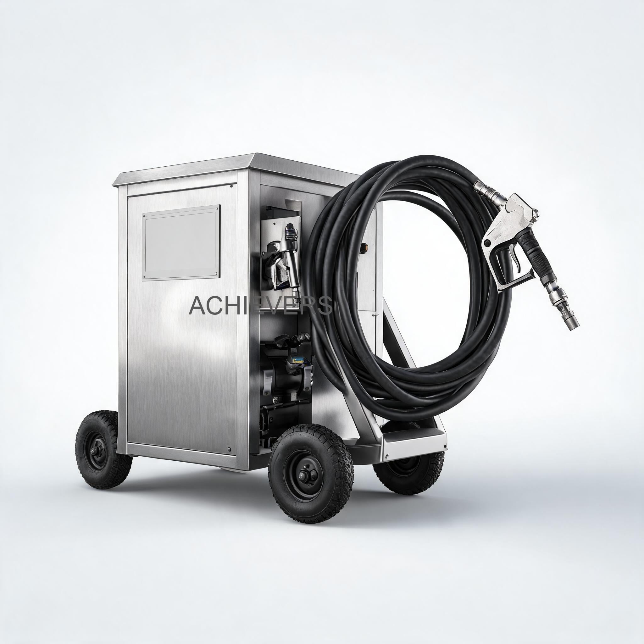 Mobile Diesel Dispenser with labeled components highlighting parts that require regular maintenance like the hose reel, preset display, and nozzle