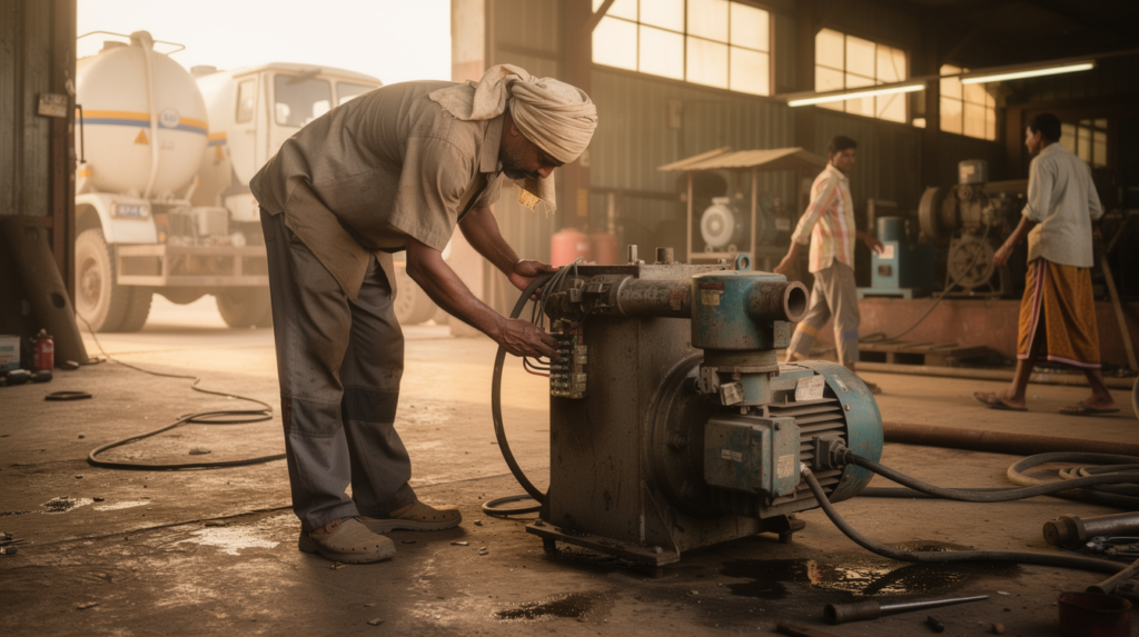 Factory worker checking a DC-powered fuel transfer pump and its wiring connections at an industrial site